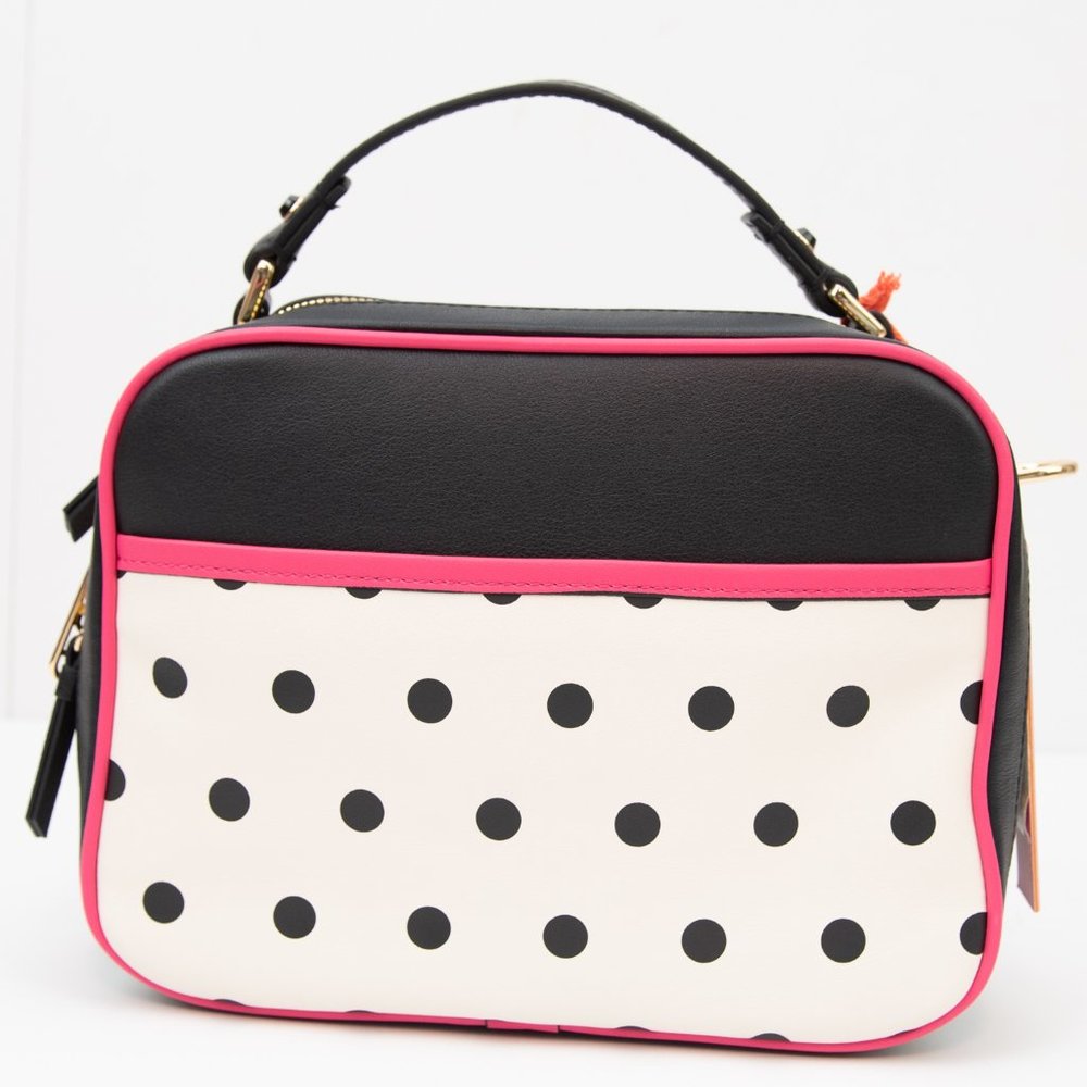 LDT "Jill" Purse Leather Crossbody Polkadot Lunchbag Bag Black Pink Gold New - Picture 3 of 15
